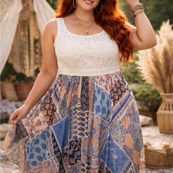 Liberty Love Blue and Cream Patchwork mid Dress size 3X Boho Vacation - Picture 8 of 8